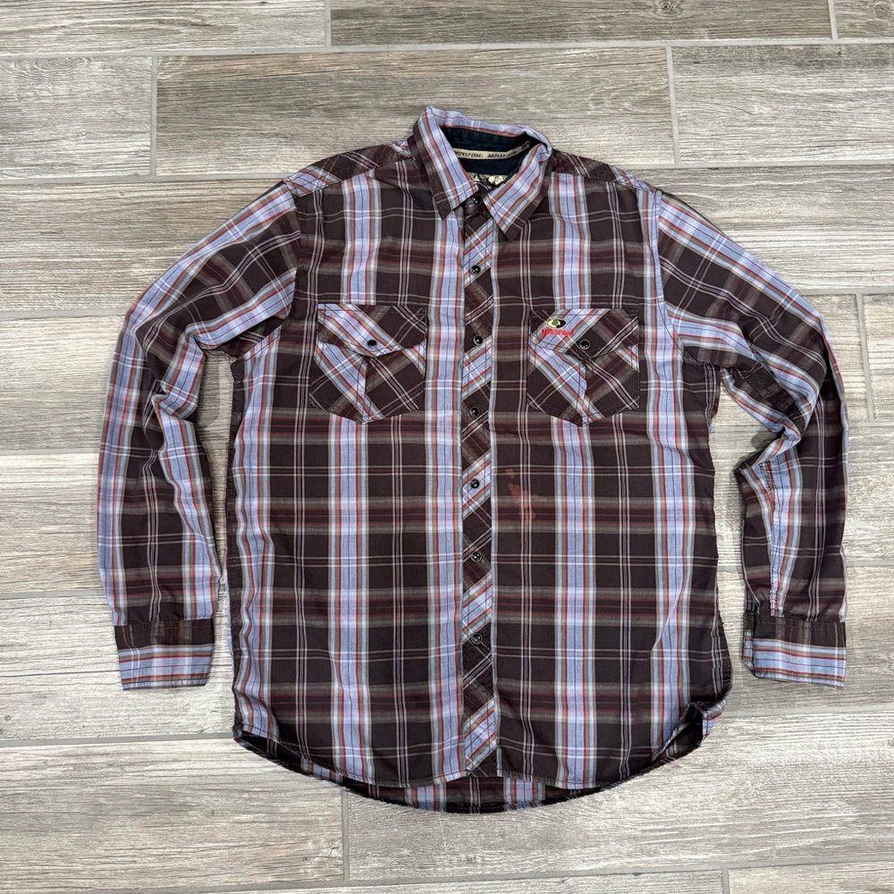 Mossy Oak Hunting Wear Plaid Double Pocket Long Sleeve Buttonfront Shirt Size M